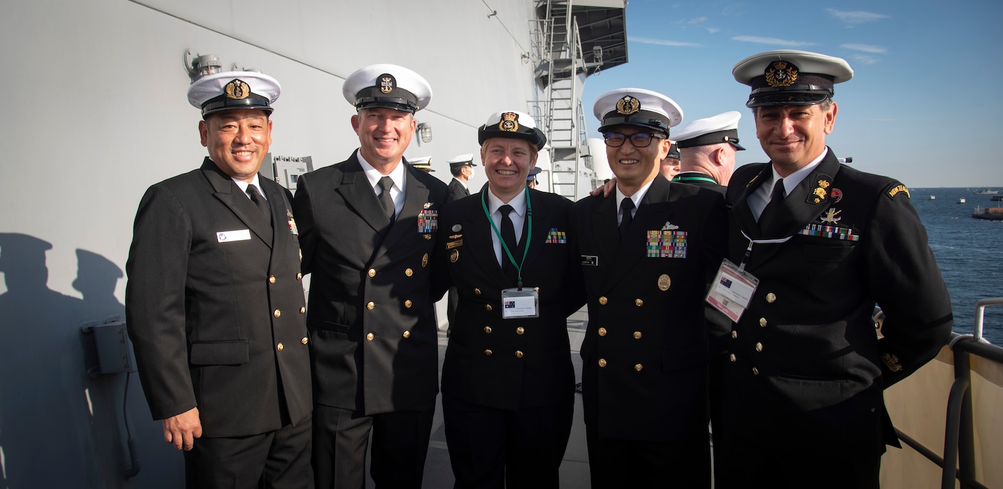Fleet Master Chief James “Smitty” Tocorzic, the U.S Pacific Fleet Master Chief, poses for a photo with senior enlisted leaders from the Japan Maritime Self-Defense Force, Royal Australian Navy, and the Royal New Zealand Navy.