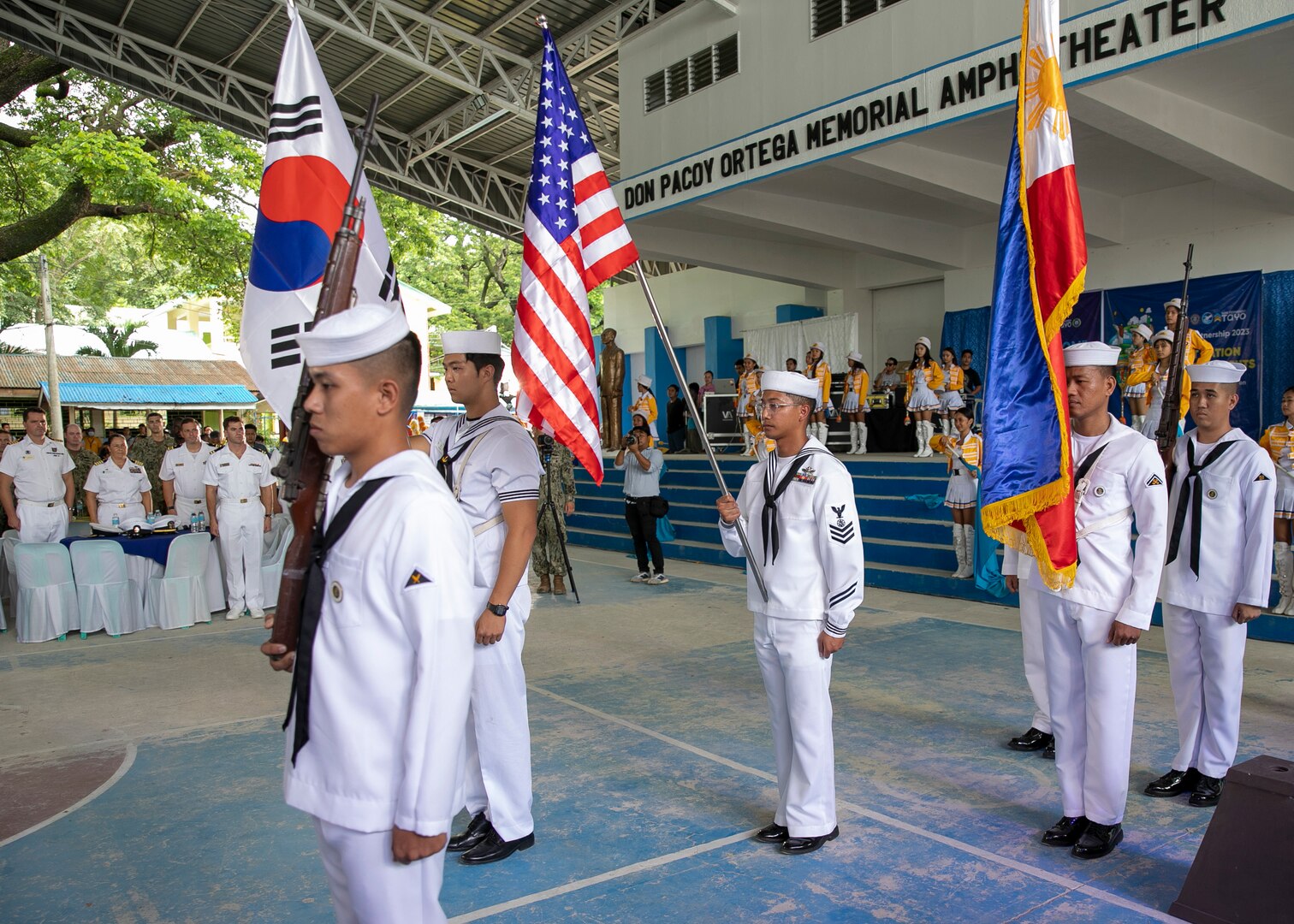 LA UNION, Philippines (Aug. 30. 2023) – Service members with the U.S. Navy, Philippine Navy and Republic of Korea Cheon Ja Bong (LST-687), parade the colors during the Pacific Partnership 2023 closing ceremony held at La Union National High School in San Fernando City, La Union, Philippines, Aug. 30.  Now in its 18th year, Pacific Partnership is the largest annual multinational humanitarian assistance and disaster relief preparedness mission conducted in the Indo-Pacific. (U.S. Navy photo by Mass Communication Specialist 1st Class Kegan E. Kay)