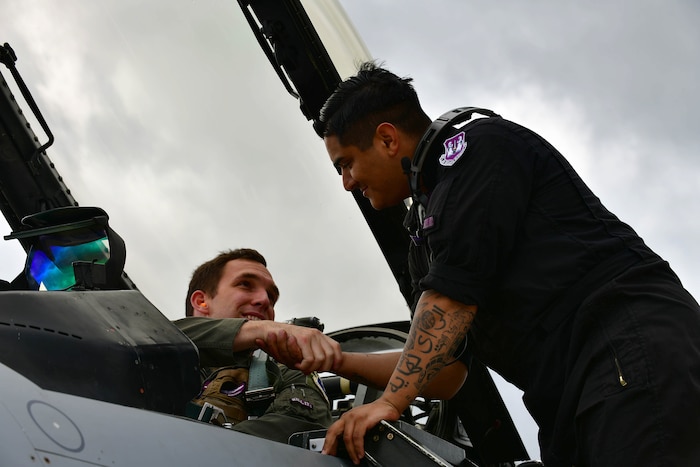 pilot and maintainer shaking hands in a jet