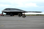 Two 393rd Expeditionary Bomb Squadron pilots approach a B-2 Spirit during Bomber Task Force 24-4, Keflavik, Iceland, Aug. 15, 2023. BTF operations are U.S. Strategic Command's means of conducting Dynamic Force Employment in support of the Department of Defense's National Defense Strategy at the direction of the President of the United States. (U.S. Air Force photo by Tech. Sgt. Heather Salazar)