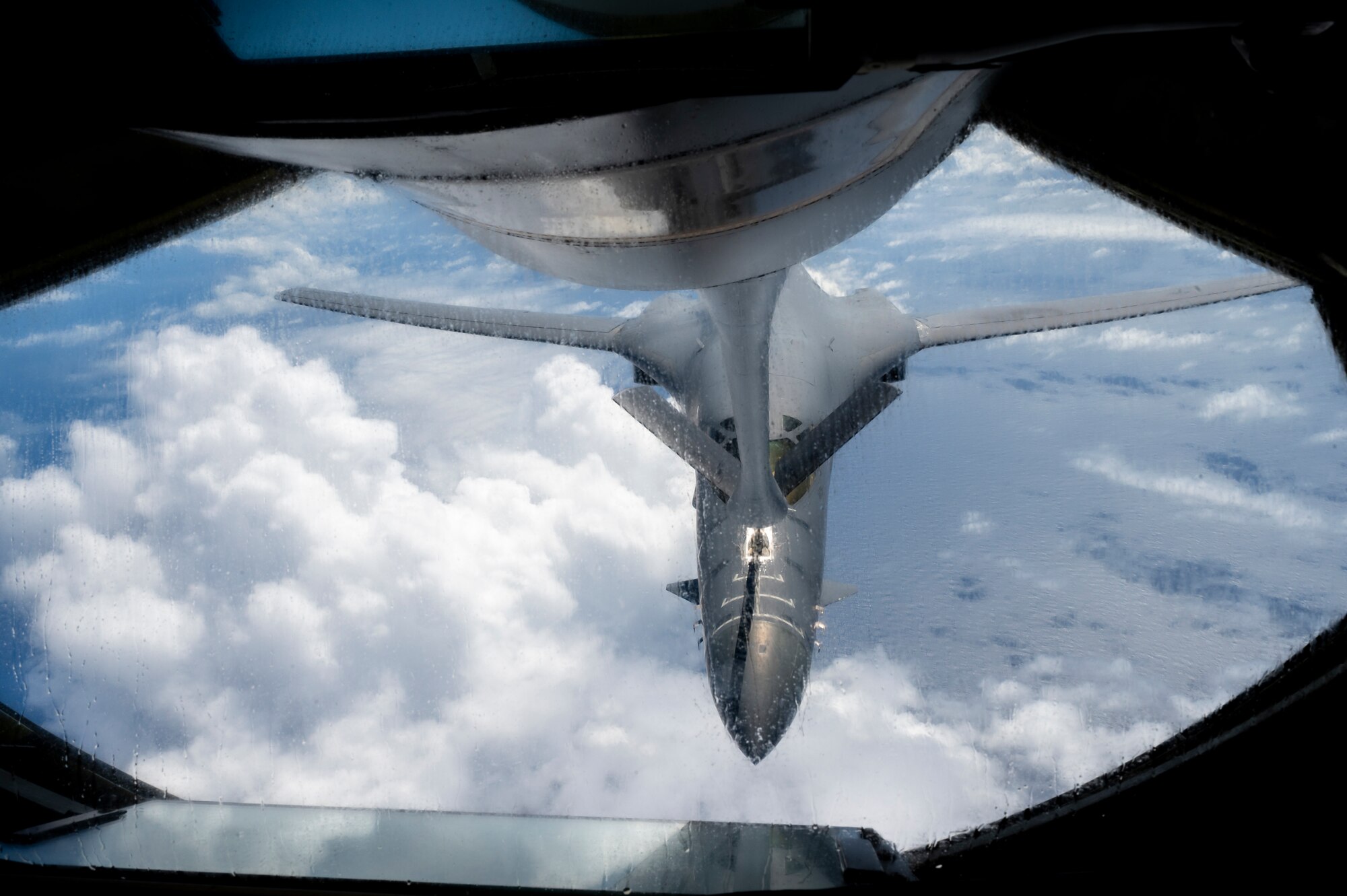 A B-1B Lancer from the 28th Bomb Wing, Ellsworth Air Force Base, South Dakota, receives fuel from a KC-135 Stratotanker assigned to the 909th Air Refueling Squadron over the Sea of Japan, August 30, 2023.