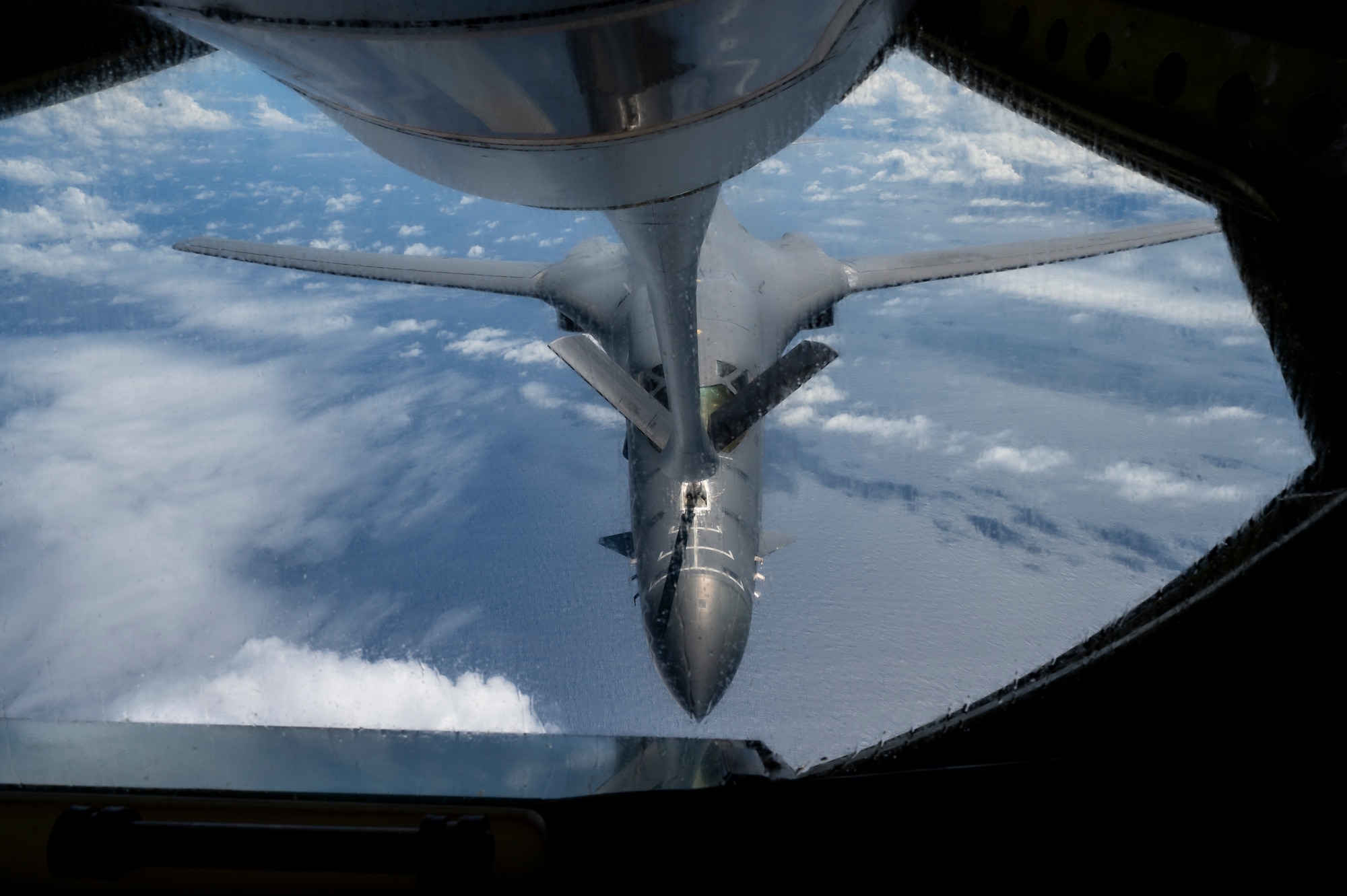 A B-1B Lancer from the 28th Bomb Wing, Ellsworth Air Force Base, South Dakota, receives fuel from a KC-135 Stratotanker assigned to the 909th Air Refueling Squadron over the Sea of Japan, August 30, 2023.