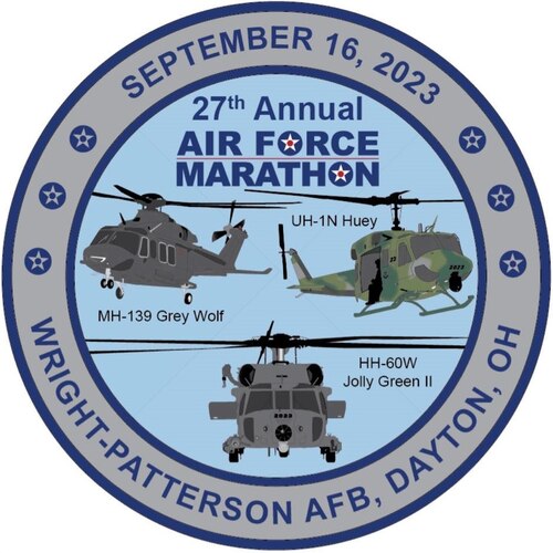 The 2023 Air Force Marathon participant medal commemorates three featured aircraft: UH-1N Huey, HH-60W Jolly Green II and MH-139 Grey Wolf
