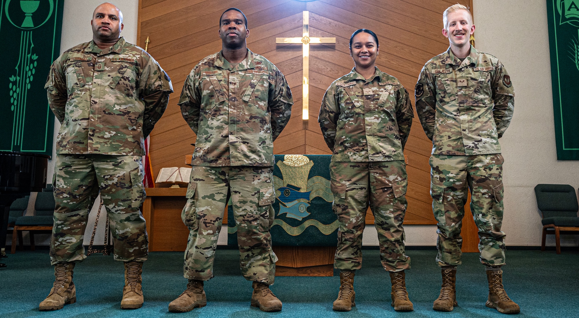 Religious affairs Airmen, assigned to the 86th Airlift Wing, pose for a photo at Ramstein Air Base, Oct. 24, 2023. RA Airmen are often seen less than the Chaplains they support, but play a critical role in the success of their mission. (U.S. Air Force photo by Senior Airman Thomas Karol)