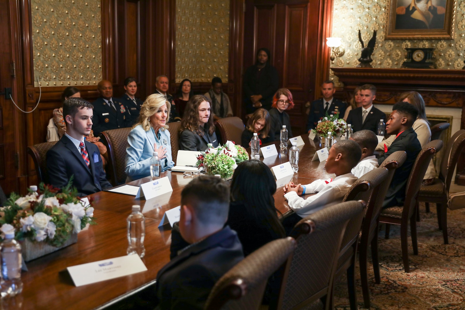 First lady Jill Biden welcomes National Guard senior leaders and family members for a roundtable discussion on support for National Guard children in the Eisenhower Executive Office Building in Washington Nov. 27, 2023. Attendees, including Guard children, and adjutants general, also joined the first lady’s presentation of the 2023 White House “Magic, Wonder & Joy” holiday theme and decorations.