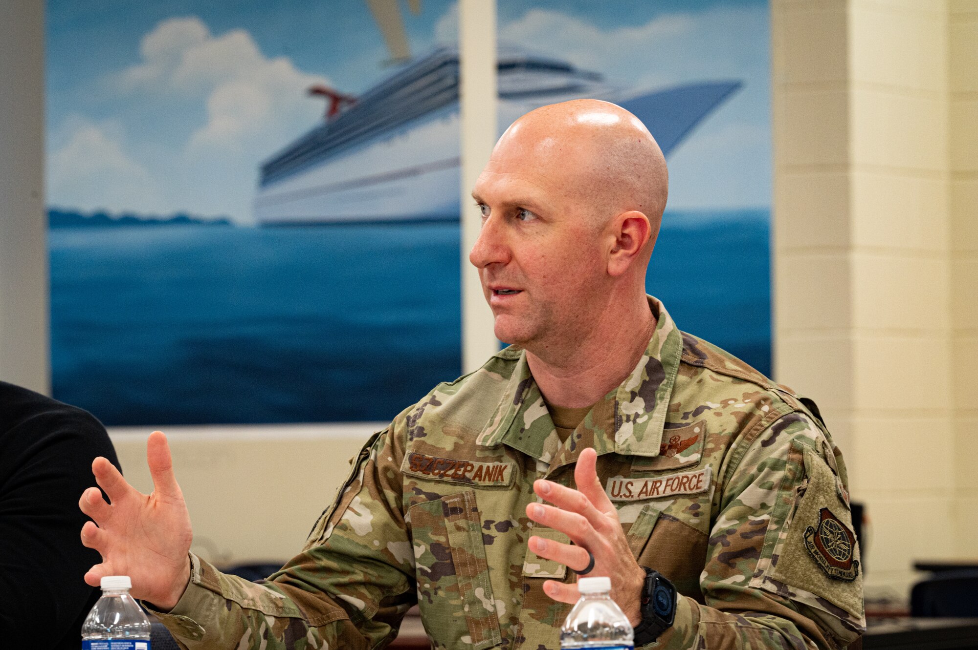 U.S. Air Force Col. Edward Szczepanik, 6th Air Refueling Wing deputy commander, discusses educational initiatives during a MacDill Council for Education Excellence meeting at MacDill Air Force Base, Florida, Nov. 27, 2023.