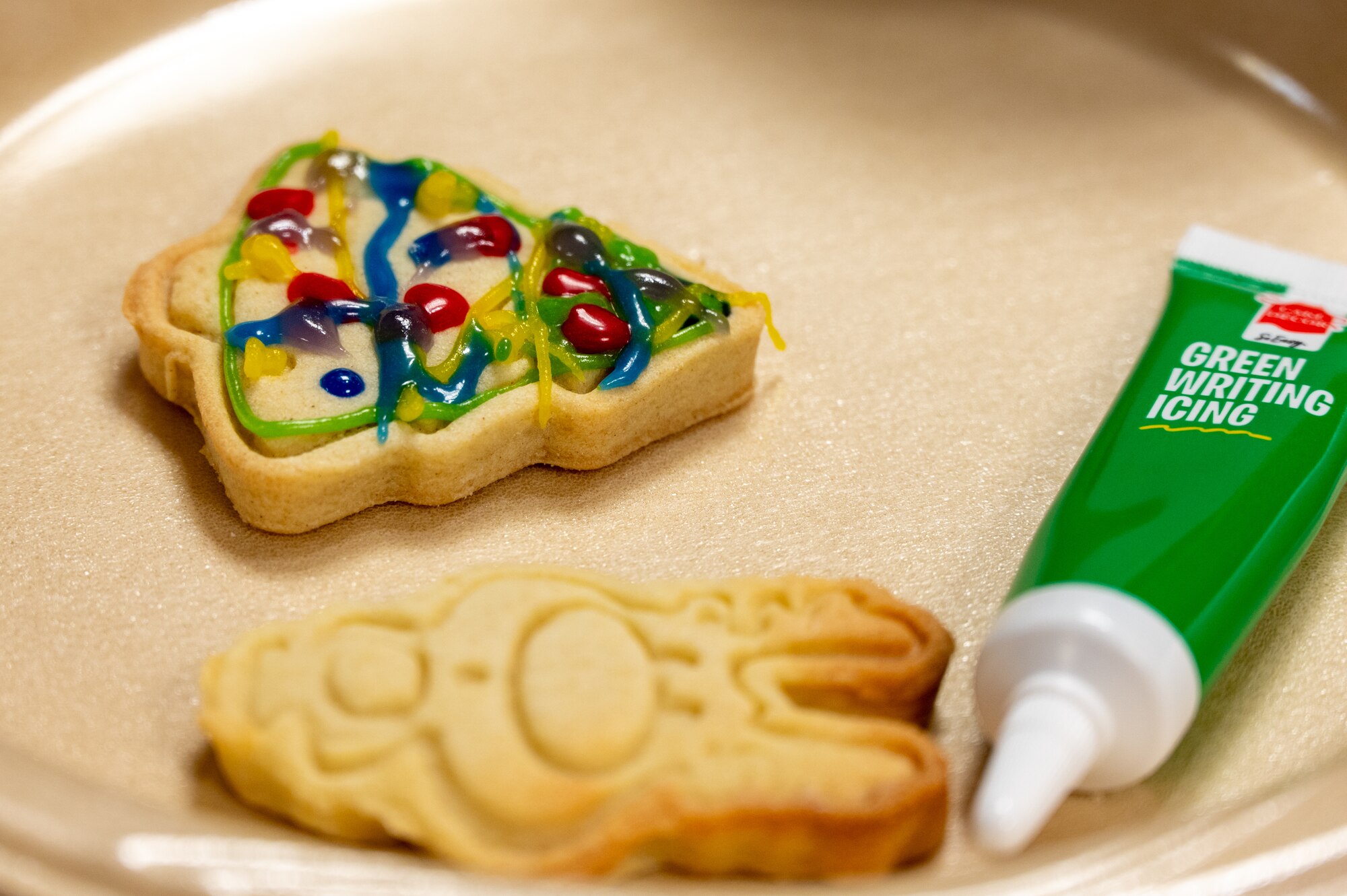 A freshly decorated cookie sits on a plate.