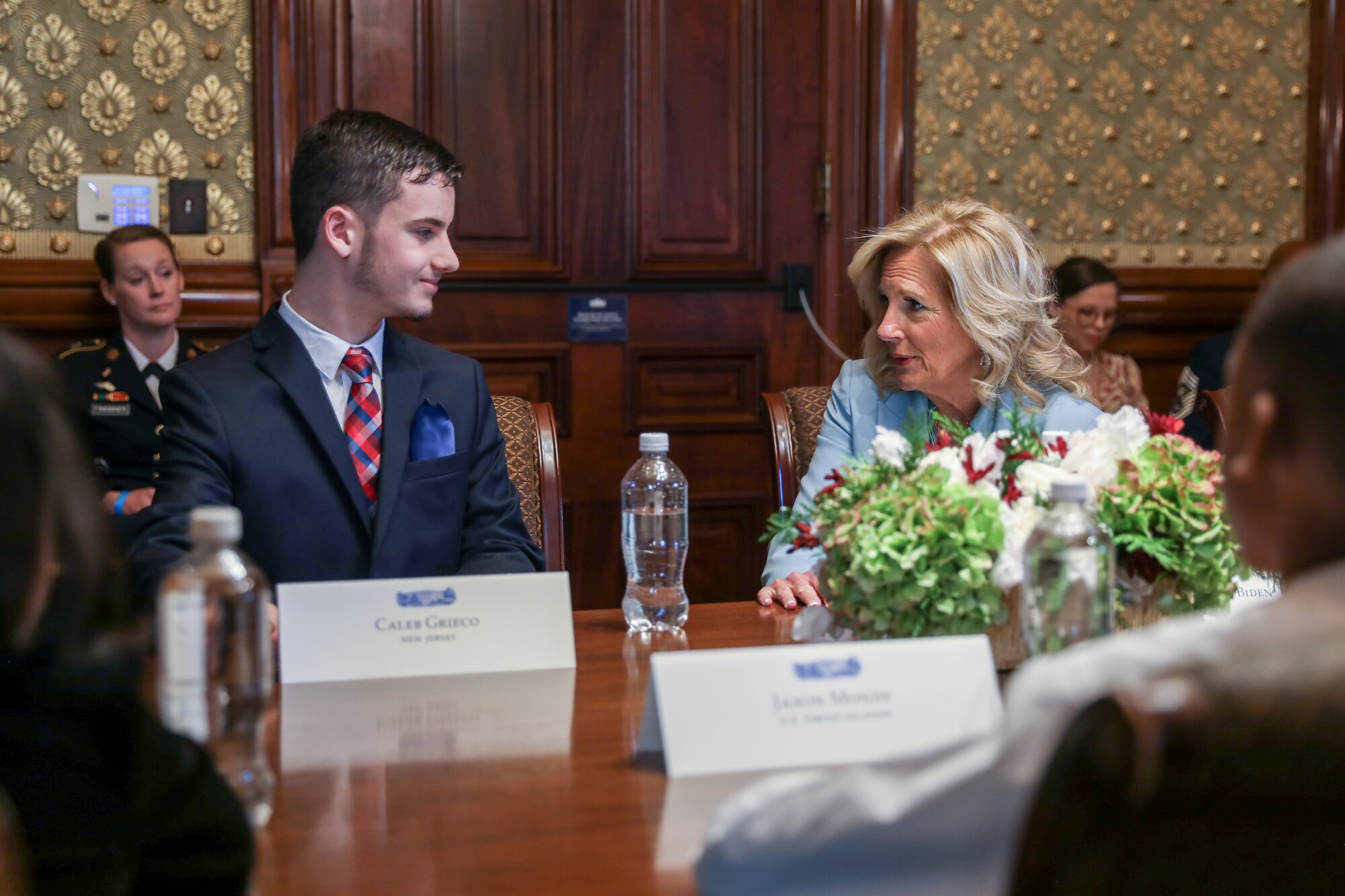 First lady Jill Biden welcomes National Guard senior leaders and family members for a roundtable discussion on support for National Guard children in the Eisenhower Executive Office Building in Washington Nov. 27, 2023. Attendees, including Guard children, and adjutants general, also joined the first lady’s presentation of the 2023 White House “Magic, Wonder & Joy” holiday theme and decorations.