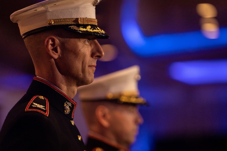 U.S. Marine Corps Col. Matthew Swindle, outgoing commanding officer of the Marine Innovation Unit, stands at attention during a change of command ceremony, Queens, New York, Nov. 5, 2023. The ceremony occurred at a ball hosted by MIU, celebrating the Marine Corps' 248th annual birthday. Col. Brooks Braden assumed command of MIU. Stood up in March 2022, the unit leverages existing Marine talent in order to: accelerate the adoption of advanced capabilities; transform Naval Service capacity for technology employment; and retain and invest in Total Force human capital. (U.S. Marine Corps photo by Lance Cpl. David Intriago)