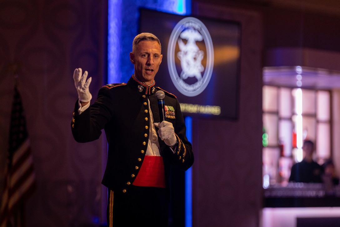 U.S. Marine Corps Col. Matthew Swindle, outgoing commanding officer of the Marine Innovation Unit, gives a speech during a change of command ceremony, Queens, New York, Nov. 5, 2023. The ceremony occurred at a ball hosted by MIU, celebrating the Marine Corps' 248th annual birthday. Col. Brooks Braden assumed command of MIU. Stood up in March 2022, the unit leverages existing Marine talent in order to: accelerate the adoption of advanced capabilities; transform Naval Service capacity for technology employment; and retain and invest in Total Force human capital. (U.S. Marine Corps photo by Lance Cpl. David Intriago)