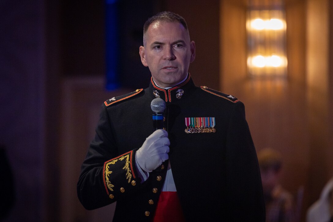 U.S. Marine Corps Col. Brooks Braden, commanding officer of the Marine Innovation Unit, gives a speech during a change of command ceremony, Queens, New York, Nov. 5, 2023. The ceremony occurred at a ball hosted by MIU, celebrating the Marine Corps' 248th annual birthday. Stood up in March 2022, MIU leverages existing Marine talent in order to: accelerate the adoption of advanced capabilities; transform Naval Service capacity for technology employment; and retain and invest in Total Force human capital. (U.S. Marine Corps photo by Lance Cpl. David Intriago)