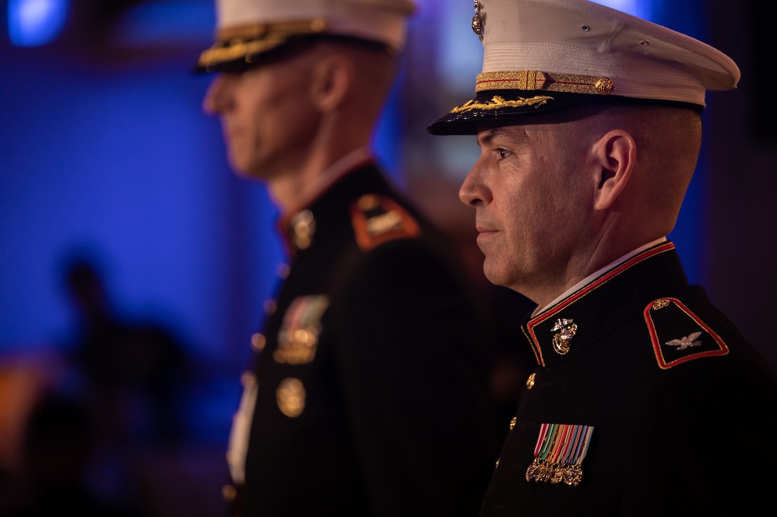 U.S. Marine Corps Col. Brooks Braden, commanding officer of the Marine Innovation Unit, stands at attention during a change of command ceremony, Queens, New York, Nov. 5, 2023. The ceremony occurred at a ball hosted by MIU, celebrating the Marine Corps' 248th annual birthday. Stood up in March 2022, MIU leverages existing Marine talent in order to: accelerate the adoption of advanced capabilities; transform Naval Service capacity for technology employment; and retain and invest in Total Force human capital. (U.S. Marine Corps photo by Lance Cpl. David Intriago)