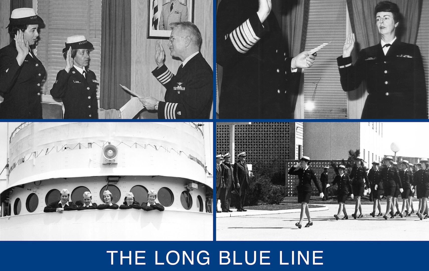 Four photos, all in a square showing various aspects of women in the service and their contributions. At the bottom of the four photos is the text "The Long Blue Line"