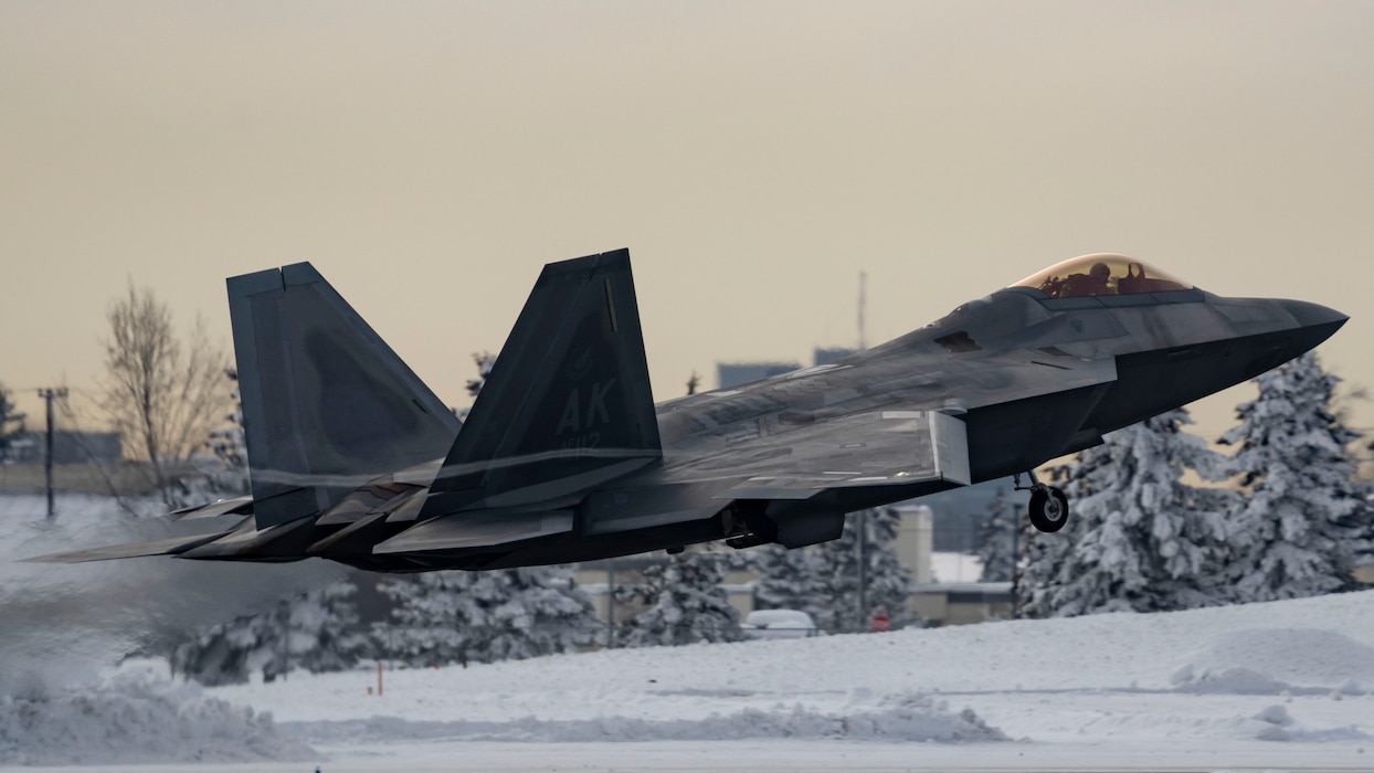 An F-22 Raptor assigned to the 3rd Wing takes off