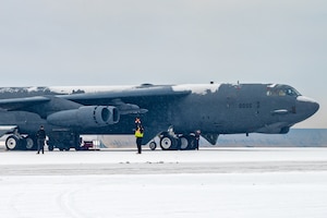 A B-52H Stratofortress taxis on the flightline