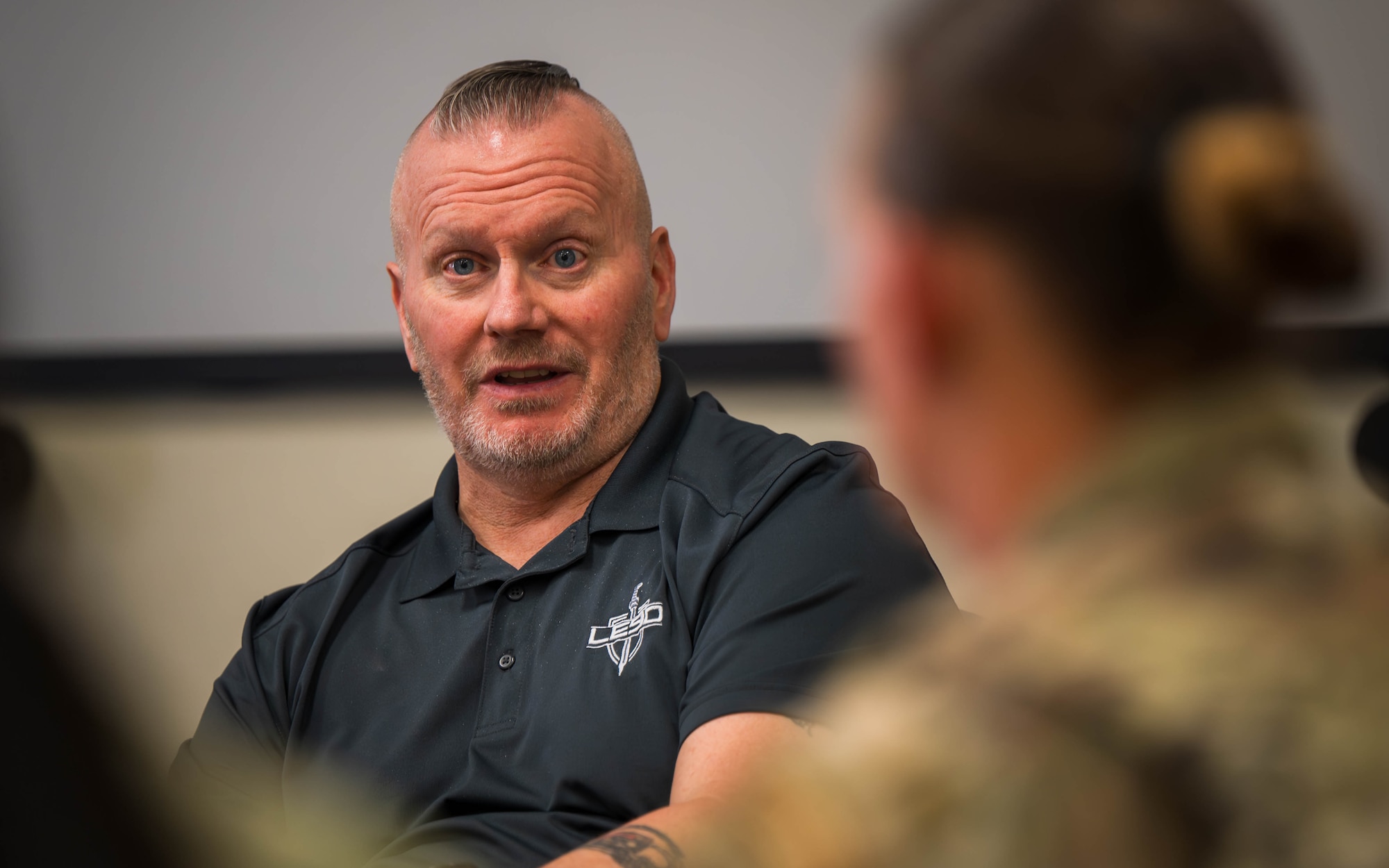 U.S. Army Command Sgt. Maj. John Troxell, former Senior Enlisted Advisor to the Chairman of the Joint Chiefs of Staff (Ret.), speaks during a Senior Enlisted Leader course, Nov. 30, 2023, at Luke Air Force Base, Arizona.