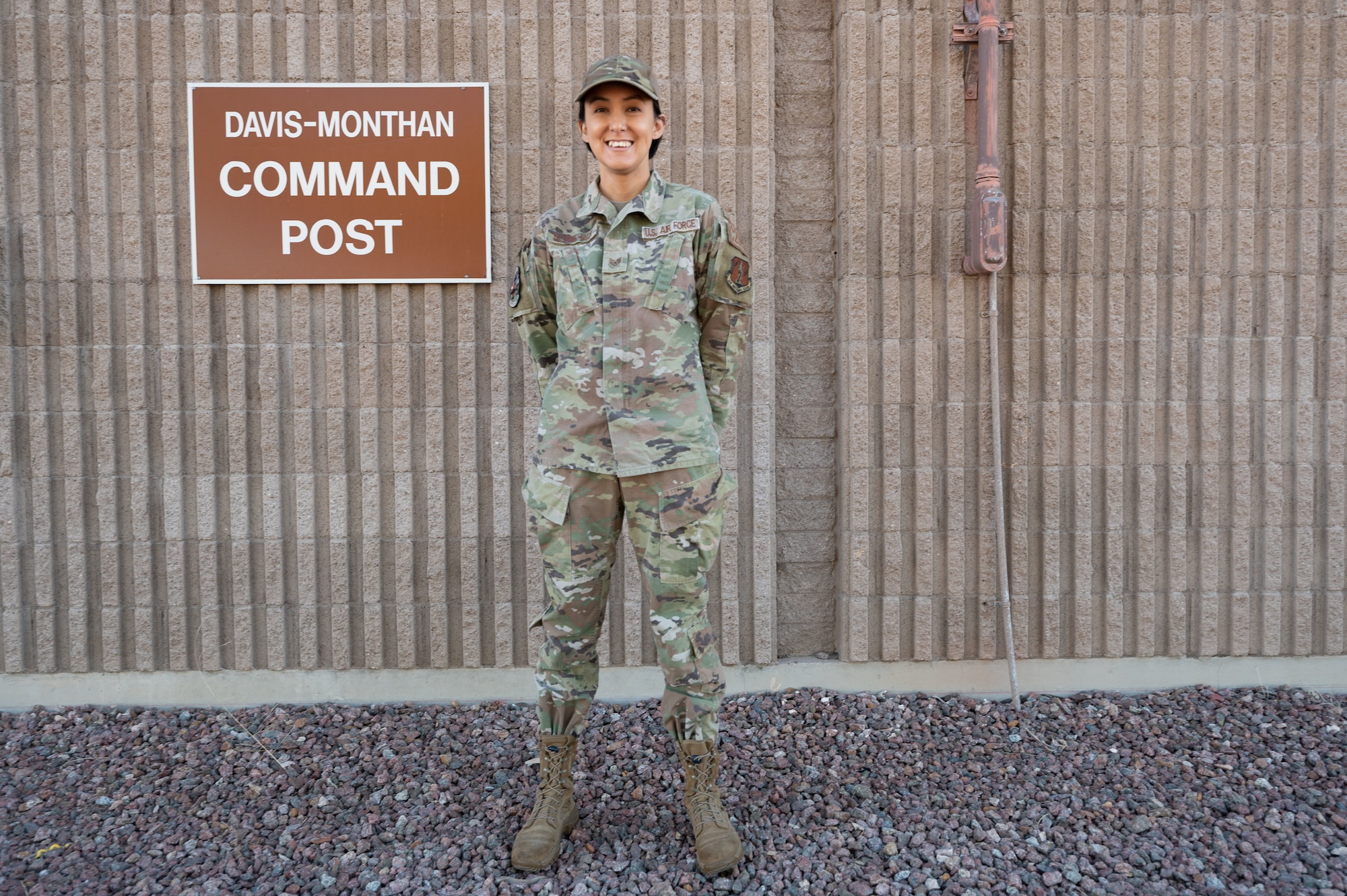 U.S. Air Force SSgt. Cliantha Yasenchack, 355th Wing Command Post command and control operations specialist, poses for a photo at Davis-Monthan Air Force Base, Ariz., Nov. 1, 2023. Yasenchak mitigated an explosives threat in Tucson by contacting Explosive Ordnance Disposal. (U.S. Air Force photo by Airman 1st Class Robert Allen Cooke III)