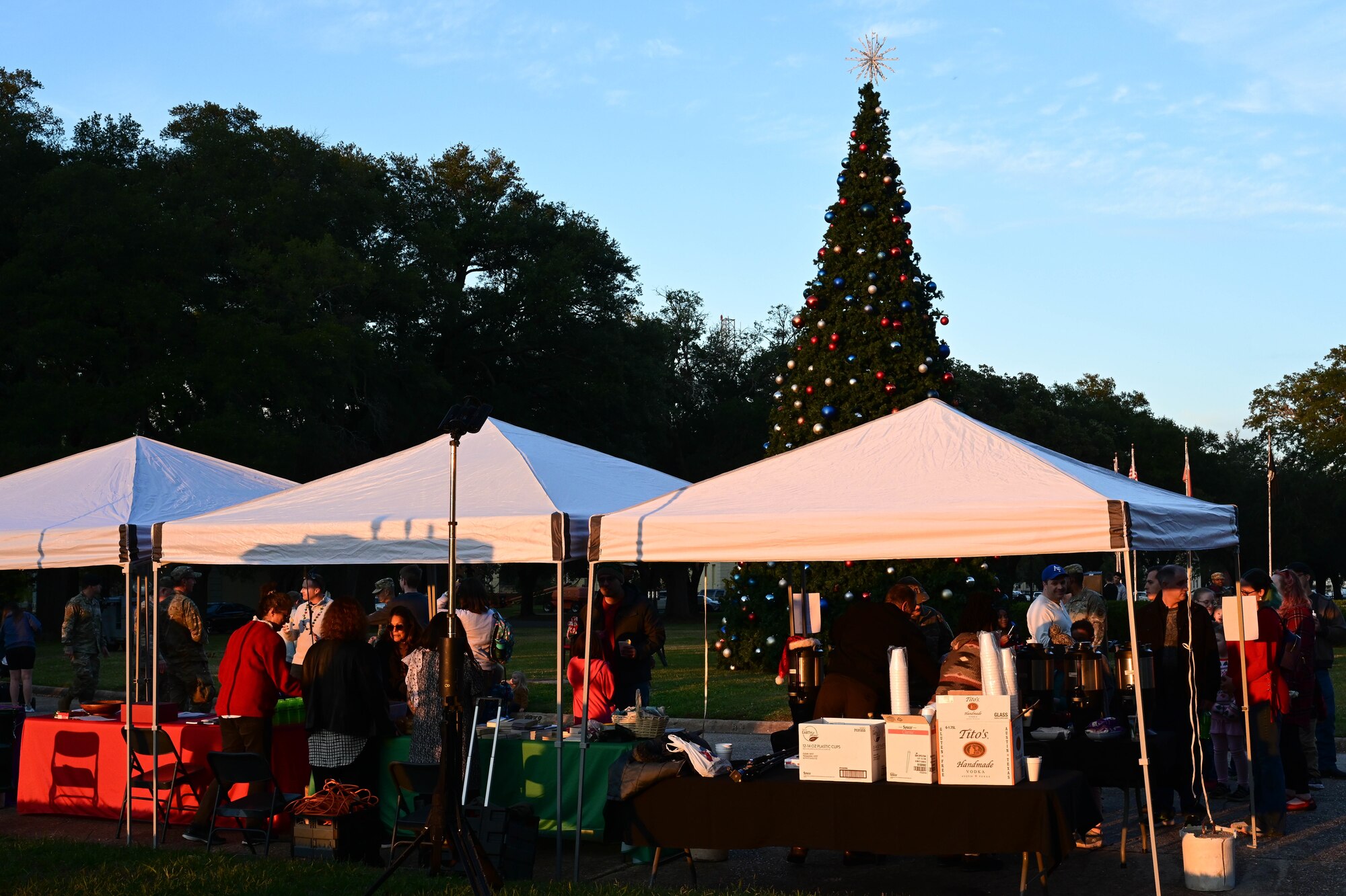 Booths are set up outside with a Christmas tree in the backround