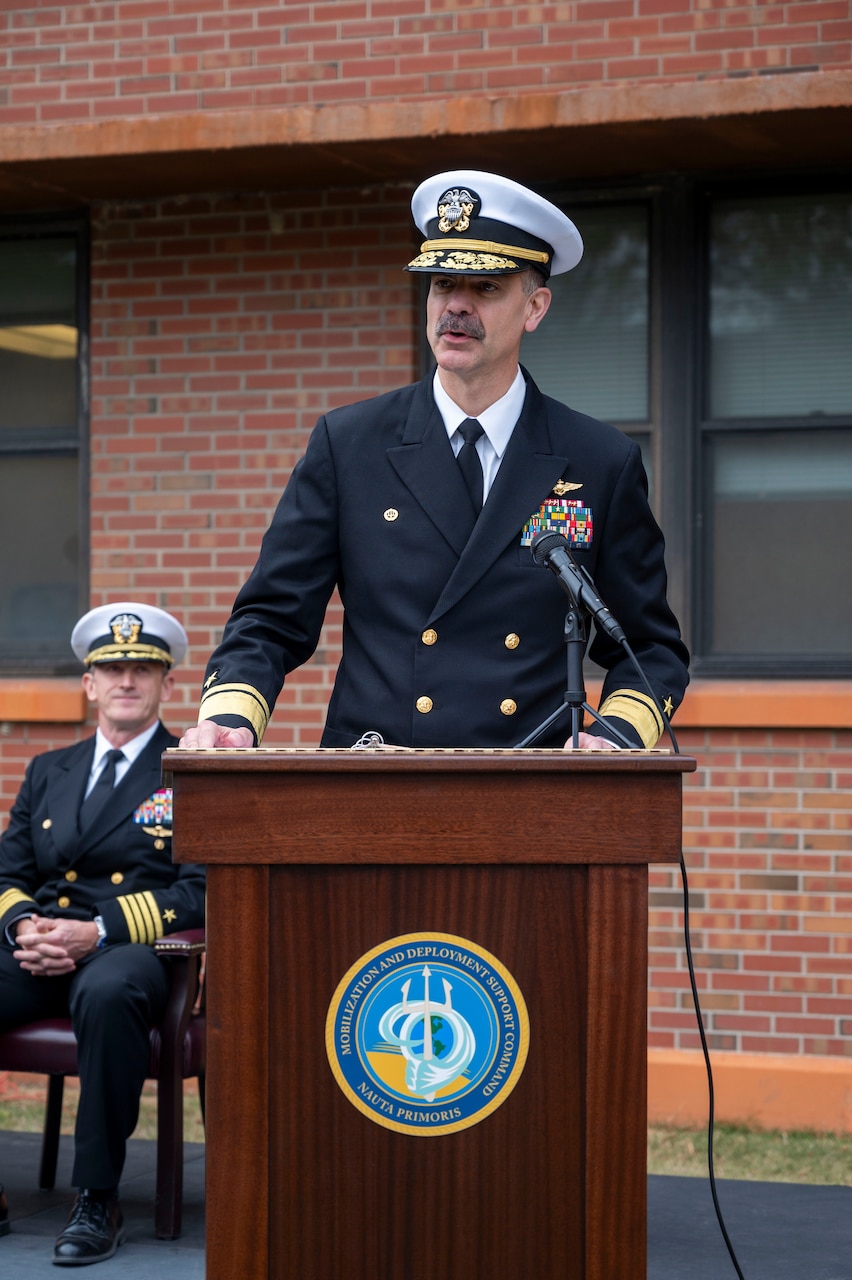 Rear Adm. Michael Steffen gives remarks during the launch ceremony for Mobilization and Deployment Support Command.
