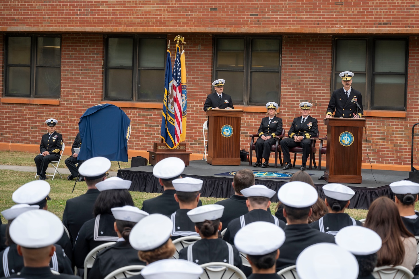 Rear Adm. Michael Steffen gives remarks during the launch ceremony for Mobilization and Deployment Support Command.