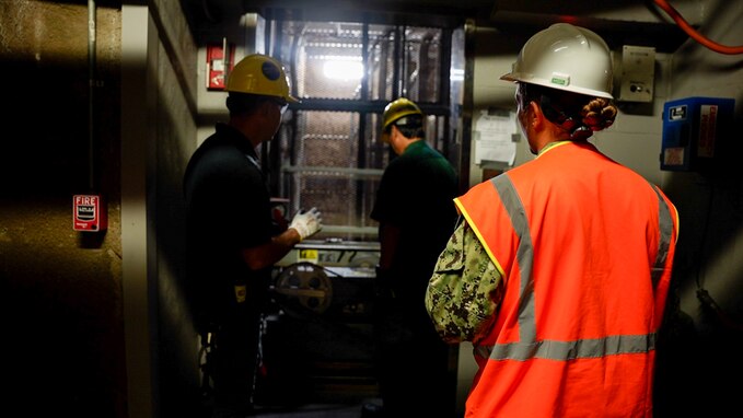 Personnel in support of Joint Task Force-Red Hill (JTF-RH) conduct an annual elevator inspection inside Red Hill Bulk Fuel Storage Facility (RHBFSF) Halawa, Hawaii, Nov. 27, 2023.