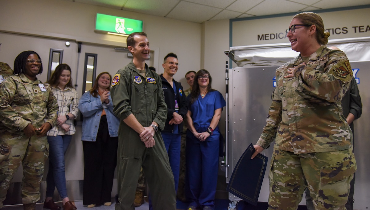 U.S. Air Force Staff Sgt. Ashley Ortiz, 35th Medical Support Squadron pharmacy technician, thanks her family, friends, and coworkers for their support and work that allowed her to be promoted to technical sergeant under the Stripes for Exceptional Performers program.
