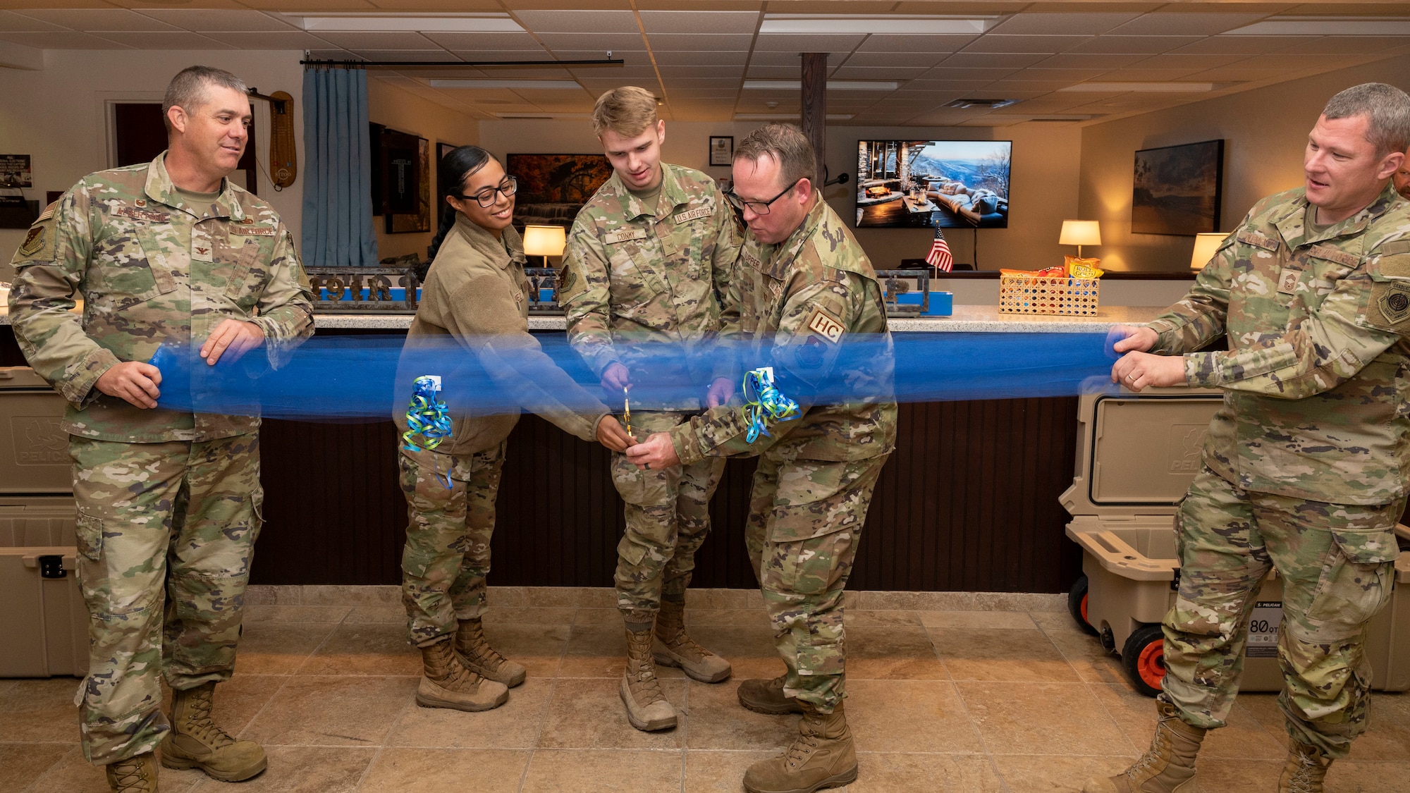 Airmen and leadership from the 49th Maintenance Group unveil their new resiliency and relaxation room at Holloman Air Force Base, New Mexico, Nov. 29, 2023.