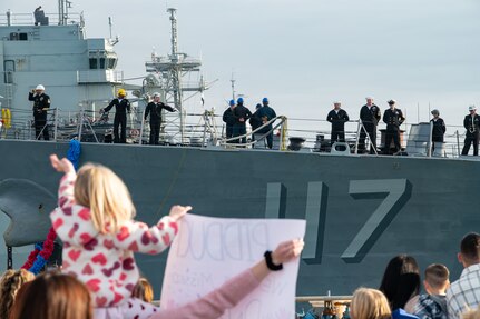 Families of Sailors assigned to the Arleigh Burke-class guided-missile destroyer USS Paul Ignatius (DDG 117) gather on the pier at Naval Station (NAVSTA) Rota as the ship returns from deployment, Nov. 28, 2023. As the "Gateway to the Mediterranean,” NAVSTA Rota provides U.S, NATO and allied forces a strategic hub for operations in Europe, Africa and the Middle East. NAVSTA Rota is a force multiplier, capable of promptly deploying and supporting combat-ready forces through land, air and sea, enabling warfighters and their families, sustaining the fleet and fostering the U.S. and Spanish partnership. (U.S. Navy photo by Mass Communication Specialist 2nd Class Drace Wilson)