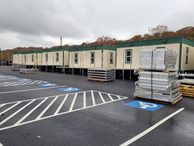 Trailers in a parking lot.