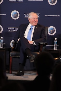 Secretary of the Air Force Frank Kendall speaks at a panel regarding Artificial Intelligence at the Reagan National Defense Forum at Simi Valley, Calif., Dec. 2, 2023. The Reagan National Defense Forum, celebrating “10 Years of Promoting Peace Through Strength,” brings together leaders from across the political spectrum and key stakeholders in the defense community. (Courtesy Photo)
