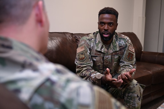 .U.S. Air Force Tech. Sgt. Jarell Roach, a Religious Affairs Airman with the 155th Air Refueling Wing, counsels a fellow airmen on Oct. 15, 2023, Lincoln, Nebraska.  Roach has served in the Air Force for over 22 years