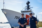 U.S. Coast Guard Capt. Timothy Sommella, commanding officer of the Coast Guard Cutter Calhoun, and Senior Chief Petty Officer Aaron Deluca, command senior enlisted leader, pose for a portrait in front of the Coast Guard Cutter Calhoun (WMSL 759) at Naval Station Mayport, Florida, Dec. 1, 2023. The cutter’s namesake, Master Chief Petty Officer Charles Calhoun, served as the Coast Guard’s first master chief petty officer from August 1969 to August 1973.