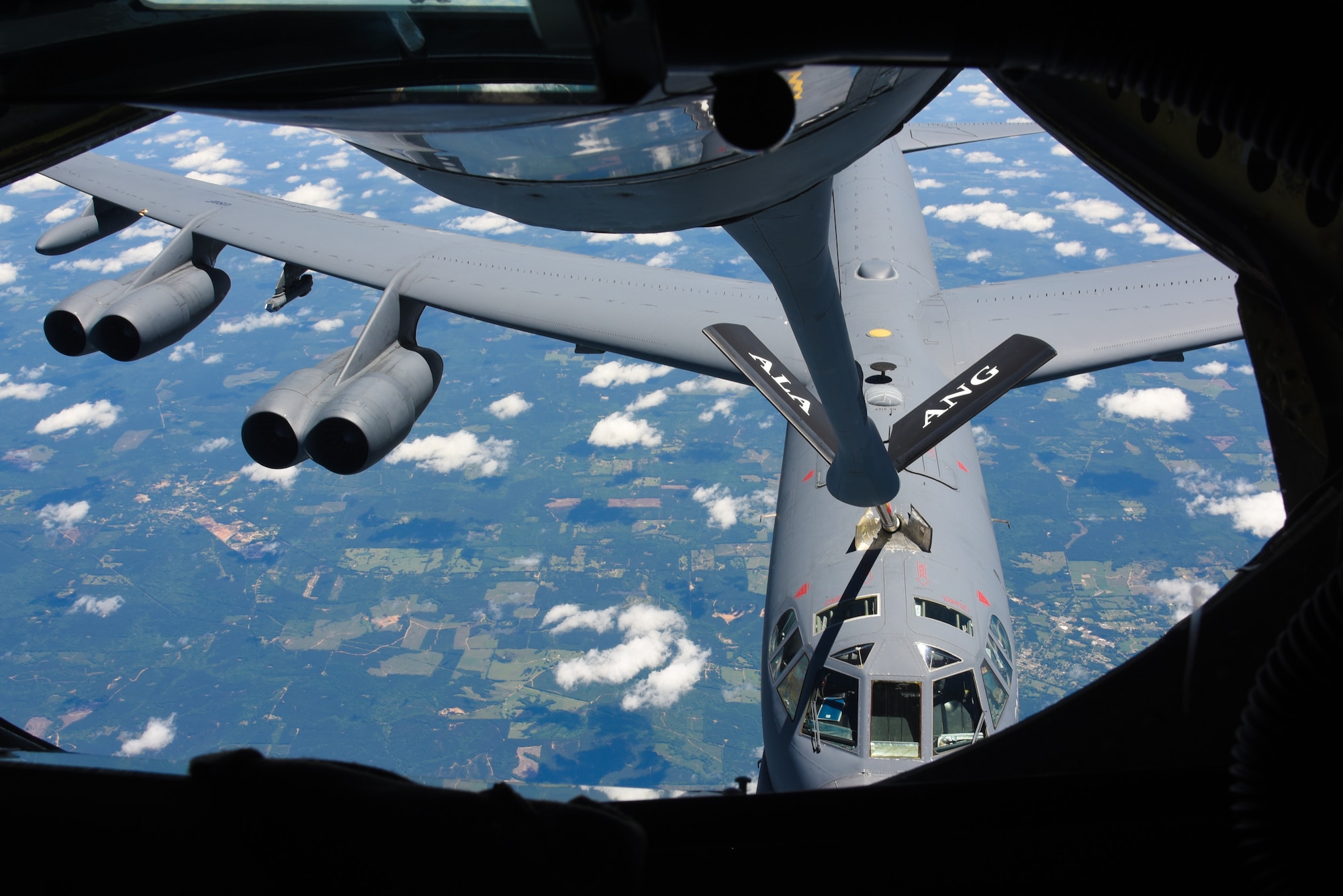 A U.S. Air Force B-52 is refueled by a U.S. Air Force KC-135 assigned to the 117th Air Refueling Wing, Alabama Air National Guard, located in Birmingham, Alabama on April 28, 2023. (U.S. Air National Guard photo by Staff Sgt. Nicholas Faddis.)
