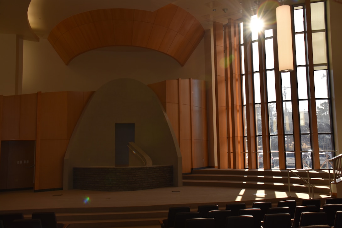 The interior of a chapel facility on Osan Air Base showing the 300-person worship center.