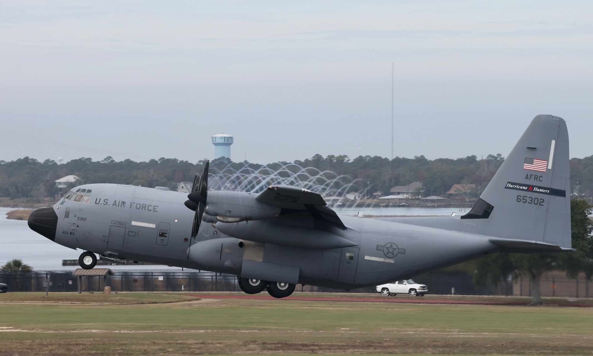A WC-130J aircraft takes off