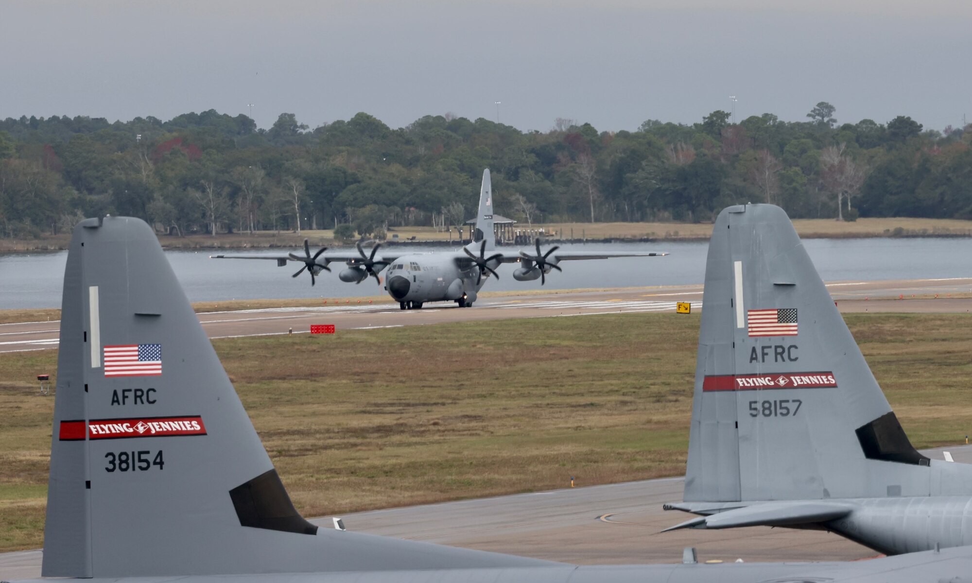 A WC-130J aircraft takes off