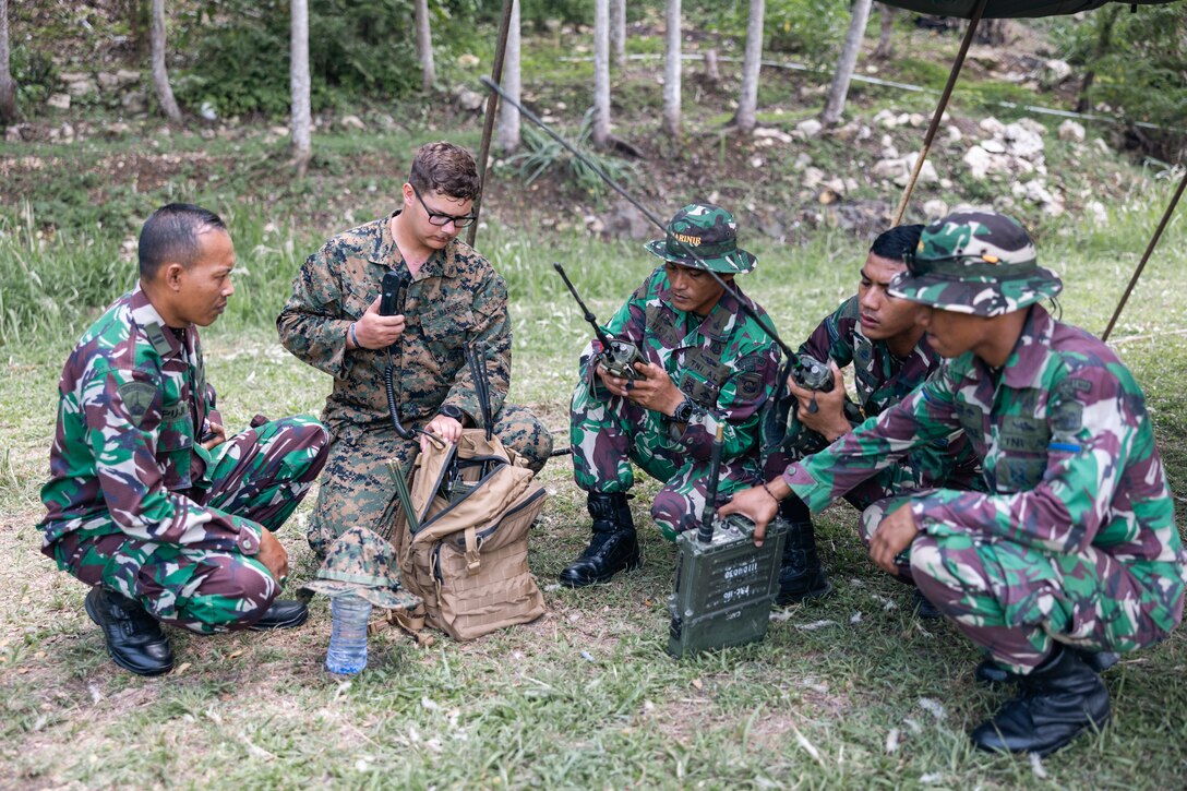 A group of Marines crouch together in a wooded clearing.