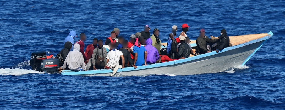 Coast Guard Cutter Joseph Napier interdicts a migrant voyage with 35 migrants Nov. 29, 2023, approximately 33 nautical miles northwest of Aguadilla, Puerto Rico. The migrant group was returned to the Dominican Republic Nov. 30, 2023, along with 50 migrants who were interdicted in a separate interdiction. (U.S. Coast Guard Photo)
