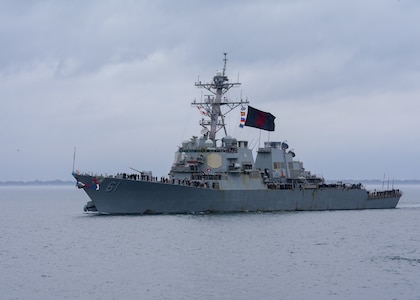 231203-N-OK195-1022 NORFOLK, Va. (Dec. 3, 2023) - The Arleigh Burke-class guided-missile destroyer USS Ramage (DDG 61) returns to its homeport at Naval Station Norfolk after a 7-month deployment to the U.S. Naval Forces Europe area of operations, Dec. 03, 2023. Ramage, part of the Gerald R. Ford Carrier Strike Group (GRFCSG), deployed to the U.S. 6th Fleet areas of operations to defend U.S., allied and partner interests. (U.S. Navy photo by Mass Communication Specialist 2nd Class Porsha Thompson)