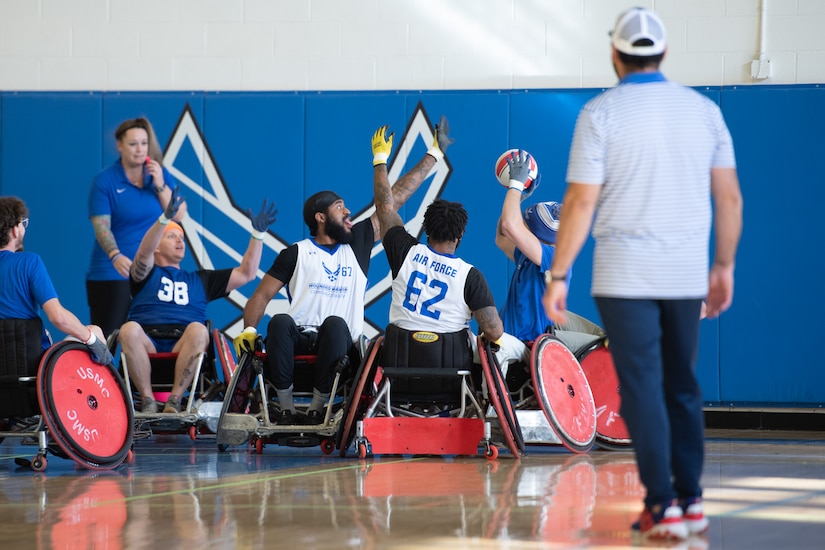 U.S. Air Force Wounded Warrior athletes compete during wheelchair rugby at Joint Base Andrews