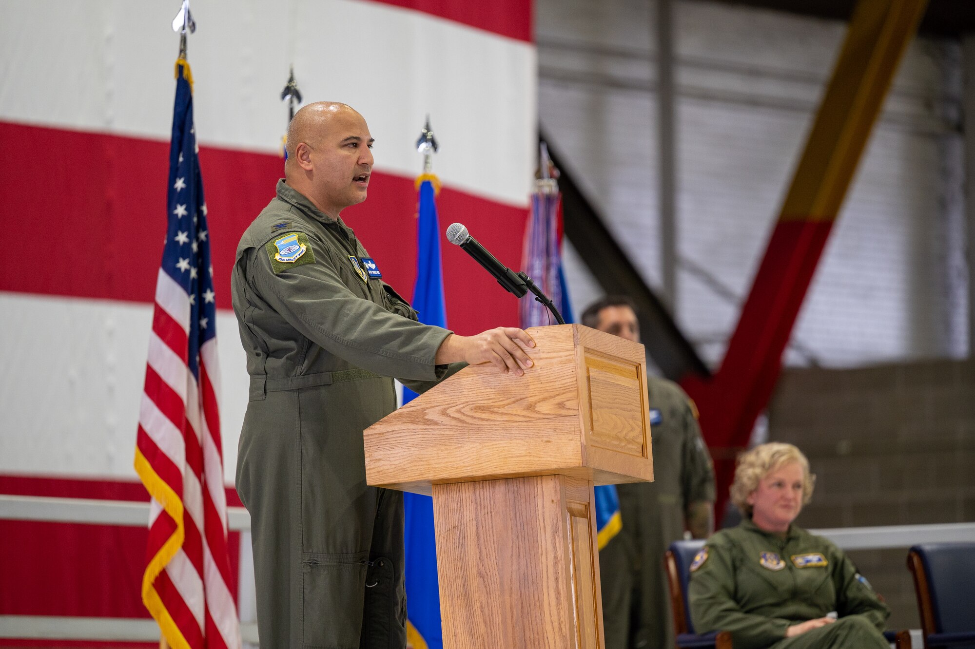 U.S. Air Force Col. Jeffrey A. Smith assumes command of the 932nd Airlift Wing during the assumption of command ceremony, Dec. 1, 2023, at Scott Air Force Base, Illinois. The assumption of command ceremony is a military tradition recognizing the formal exchange of command from one officer to another. (U.S. Air Force photo by Tech. Sgt. Kari Siltz)