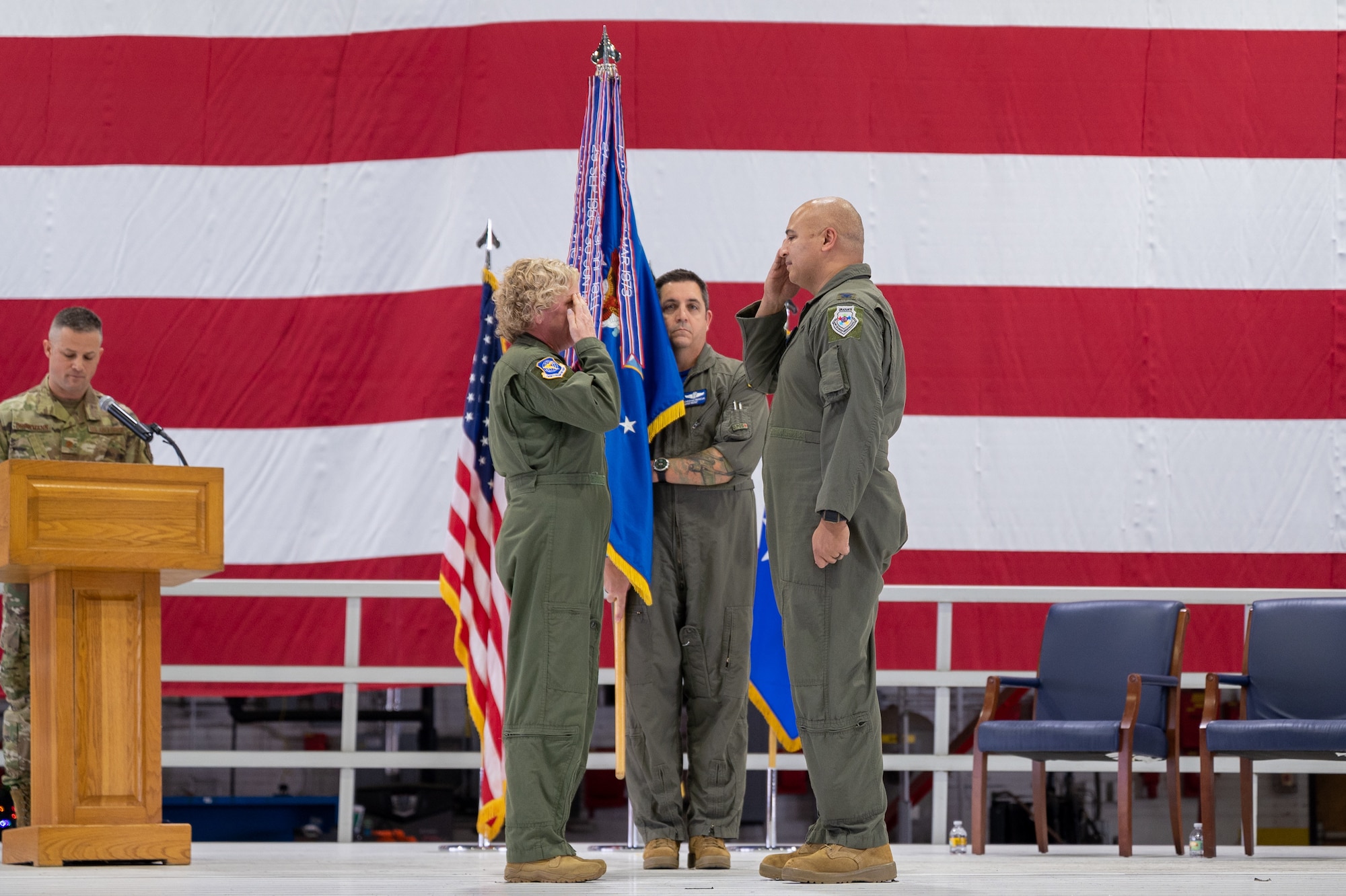 U.S. Air Force Col. Jeffrey A. Smith assumes command of the 932nd Airlift Wing during the assumption of command ceremony, Dec. 1, 2023, at Scott Air Force Base, Illinois. The assumption of command ceremony is a military tradition recognizing the formal exchange of command from one officer to another. (U.S. Air Force photo by Tech. Sgt. Kari Siltz)