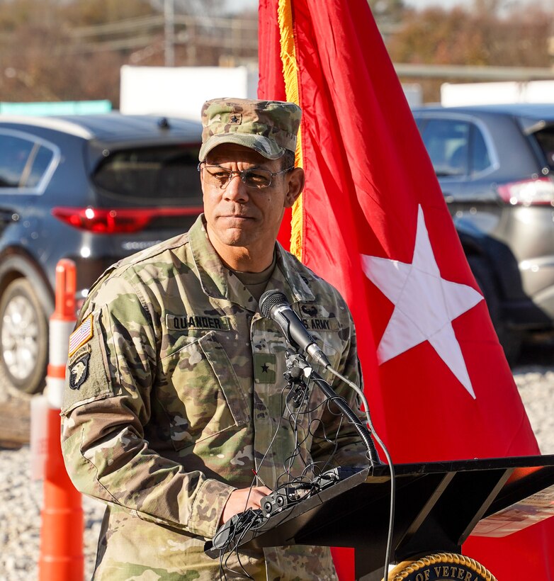 Brig. Gen. Mark C. Quander, commander of the U.S. Army Corps of Engineers Great Lakes and Ohio River Division, shares comments during the Louisville VA Medical Center Topping Out ceremony Nov. 30, 2023.