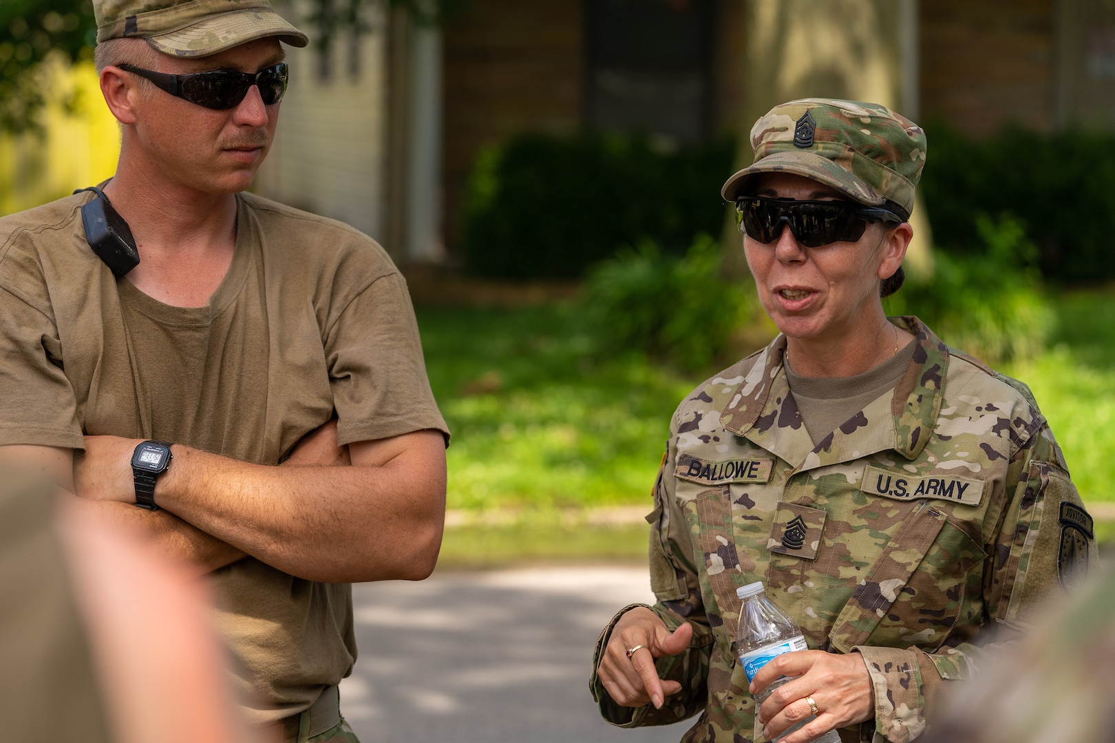 Illinois National Guard Senior Enlisted Leader Command Sgt. Maj. Dena Ballowe visited troops serving on flood duty on June 26, 2019 in East Cape Girardeau, Illinois. The leadership team asked Soldiers how they were doing and if they needed anything else to complete the mission. Brig. Gen. Rich Neely, the Adjutant General of Illinois and Commander of the Illinois National Guard, and Ballowe also took some time to place some sandbags with the troops as well during their visit. Ballowe retired Oct. 31 after 32 years of service in the Illinois Army National Guard.