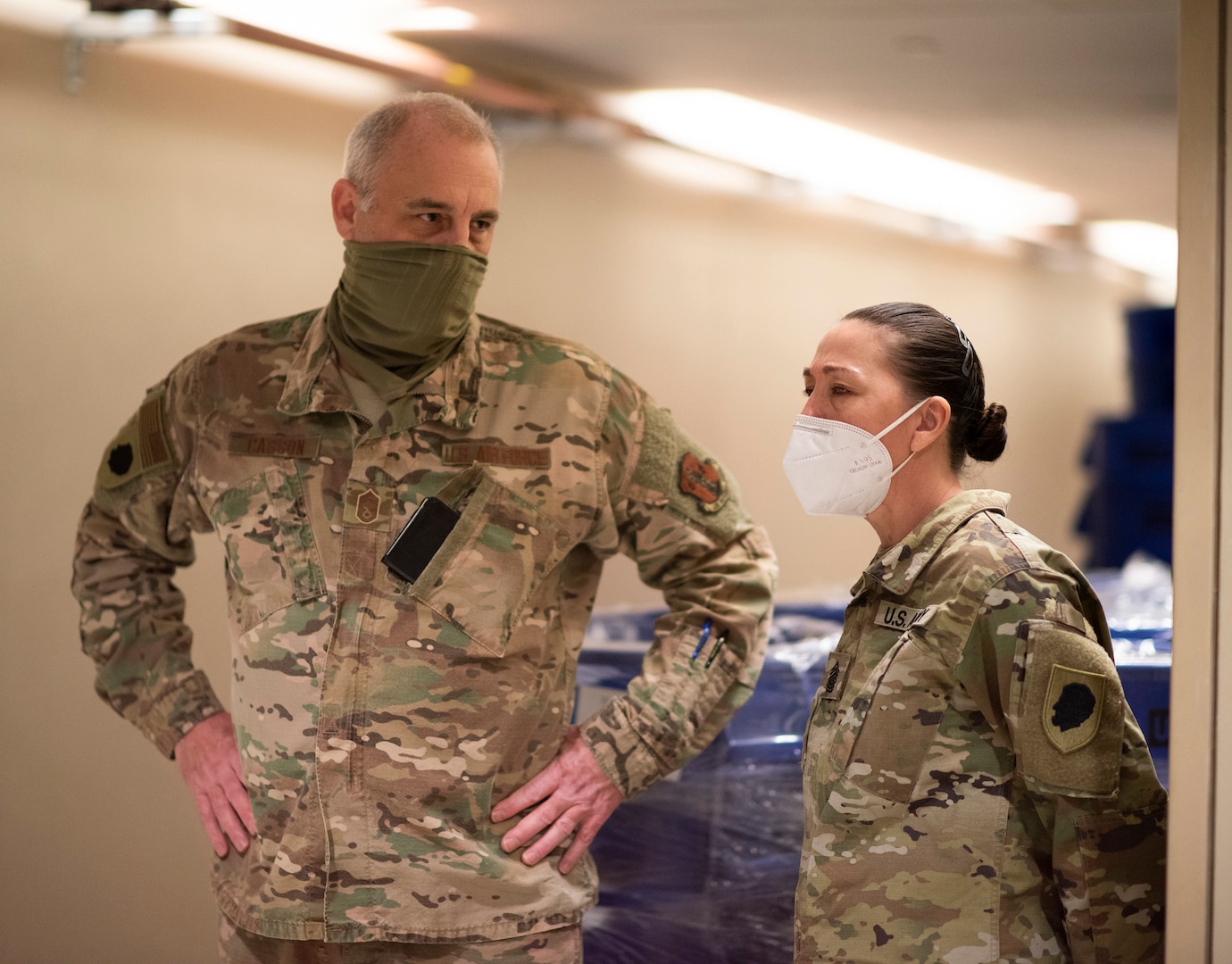 Command Sgt. Maj. Dena Ballowe (right), Illinois National Guard Senior Enlisted Leader, talks to Chief Master Sgt. William Casson (left), from the 183d Wing, Springfield, Illinois, at Westlake Alternate Care Facility, Melrose Park, Illinois, May 6, 2020. Ballowe, along with Brig. Gen. Richard Neely, the Adjutant General of the Illinois National Guard, traveled to the upstate area to visit different sites where National Guard service members are on mission. Ballowe retired Oct. 31 after 32 years of service in the Illinois Army National Guard.