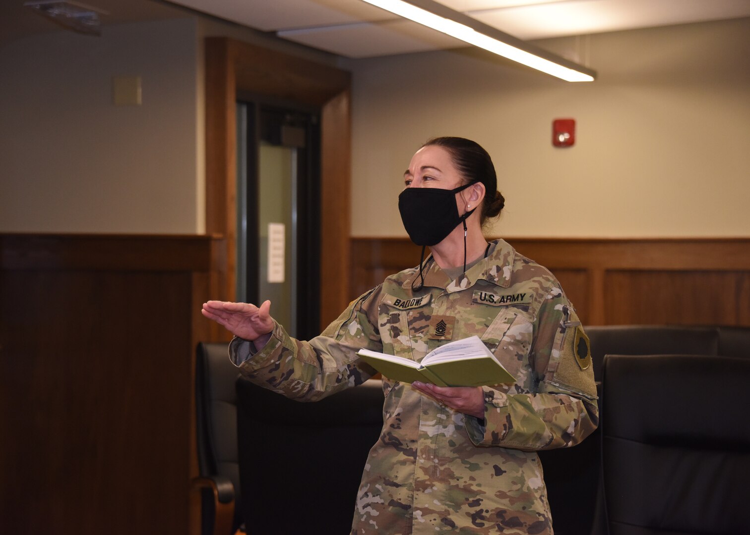 Command Sgt. Maj. Dena Ballowe (left), Senior Enlisted Leader of the Illinois National Guard speaks to the Airman of the Year 2021 (OAY 21) nominees during the OAY21 Award Ceremony at Joint Force Headquarters, Camp Lincoln, Springfield, Illinois Jan. 8, 2022. Ballowe retired Oct. 31 after 32 years of service in the Illinois Army National Guard.