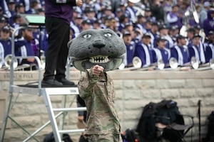 Soldier assigned to the 1st Infantry Division performs as Kansas State University's mascot during a Veterans Day game at the Bill Snyder Family Stadium, Nov. 11, 2023. The Fort Riley Day game is an annual tradition between Kansas State University and Fort Riley symbolizing their ongoing connection. (U.S. Army photo by Pfc. Koltyn O’Marah)