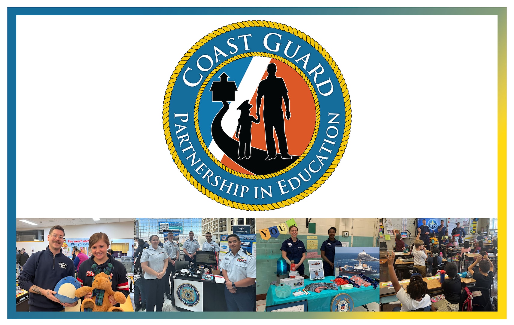 An image with a Coast Guard Partnership In Education logo on the top half, on the bottom half is 4 photos of equal size showcasing various events where PIE was present.