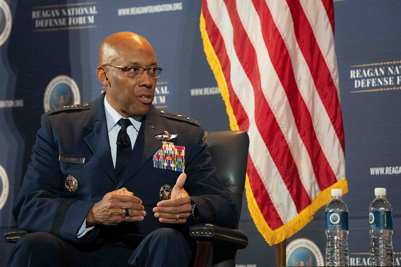 Air Force Gen. CQ Brown, Jr. speaks during a discussion.