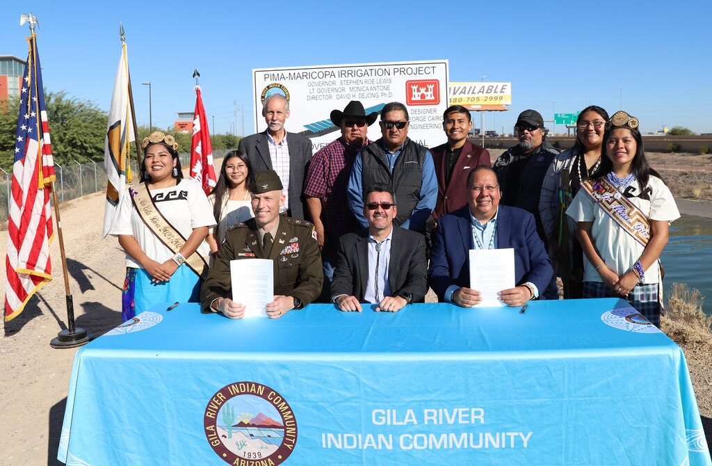 Assistant Secretary of the Army for Civil Works Michael Connor, center, along with leaders and representatives from the Gila River Indian Community, and the U.S. Army Corps of Engineers Los Angeles District, pose for a picture after signing a project partnership agreement Nov. 9 at the Gila River Indian Reservation in Arizona. The agreement represents the first solar-over-canal project of its kind in the United States.